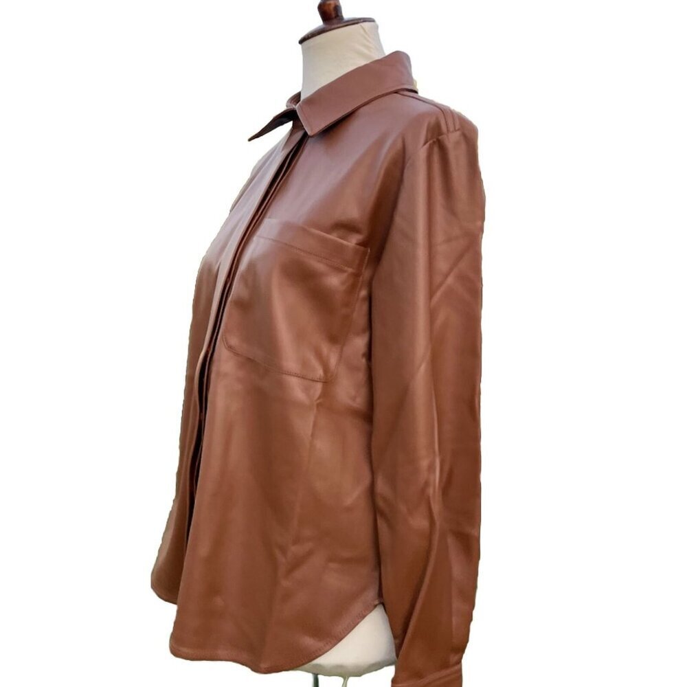 Good American Better Than Leather Shirt Women's Faux Leather Size 2 Burn Caramel - Picture 10 of 13